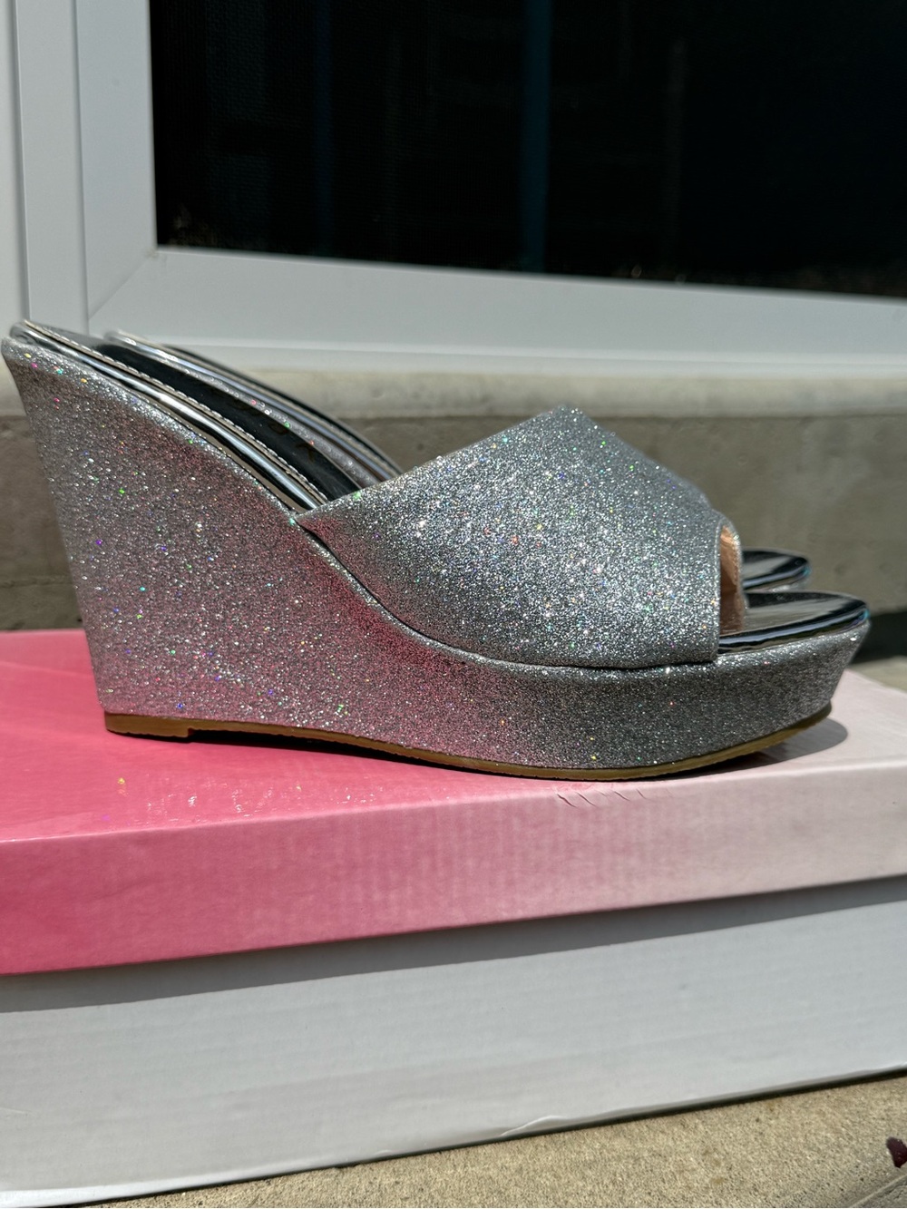 Allegra K Silver Glitter Wedge Slide Sandals, size 9 NWOT